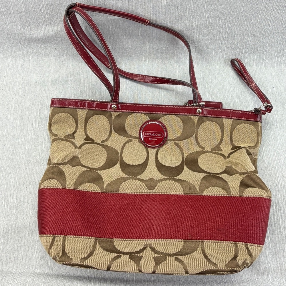 Coach Tote Bag Womens Medium Signature Stripe Khaki Red F17433 Patent Leather